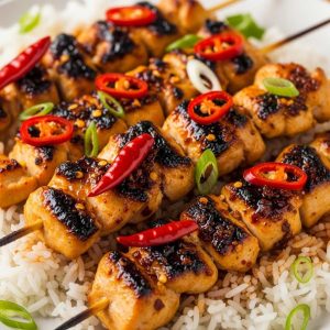 Chilli oil chicken skewers with Jesmin rice