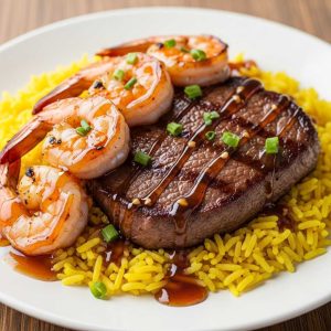 Honey Garlic Steak & Shrimp over Yellow Rice